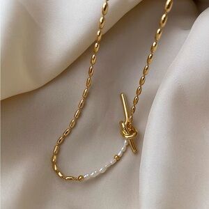 Gold Pearl‎ Knots Chain Necklace, 18k Gold and 925 Sterling Silver